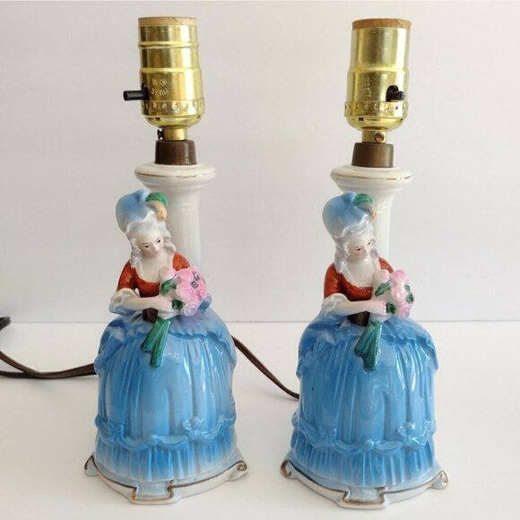 Vintage Pair Art Deco Sitzendorf German Porcelain Figurine Lamps Victorian Lady - Picture 1 of 12